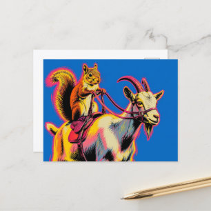 Ein Eichhörnchen reitet auf einer Ziege Pop Art Postkarte