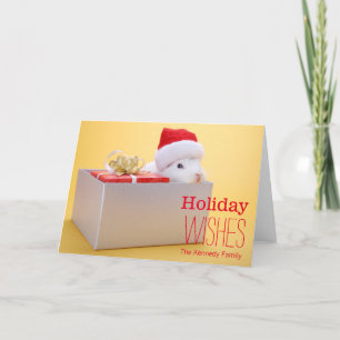 Ein eingewickeltes Geschenk und ein Kaninchen mit Feiertagskarte