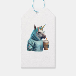 Ein Einhorn mit einer Kapuze trinkt einen Kaffee. Geschenkanhänger