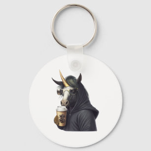 Ein Einhorn mit einer Kapuze trinkt einen Kaffee. Schlüsselanhänger