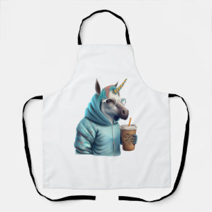 Ein Einhorn mit einer Kapuze trinkt einen Kaffee.  Schürze