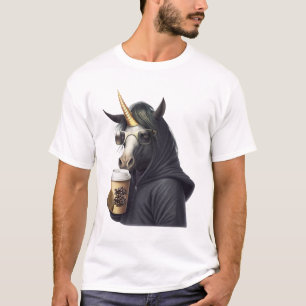 Ein Einhorn mit einer Kapuze trinkt einen Kaffee. T-Shirt