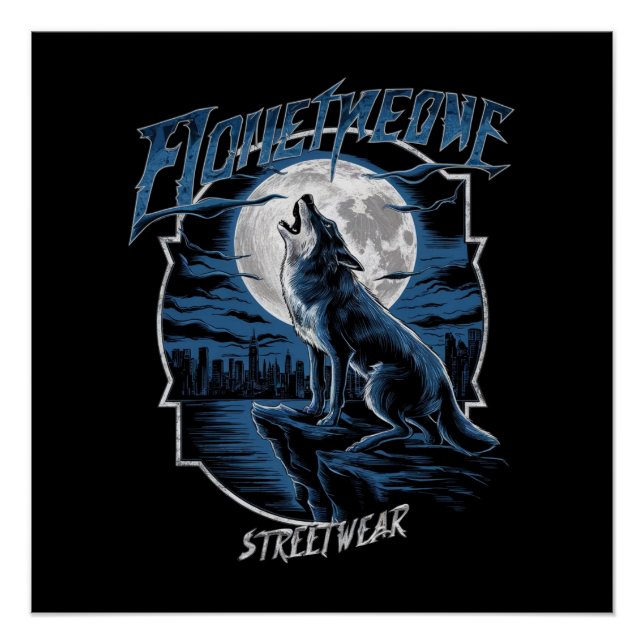 Ein einsamer Wolf, der den Vollmond auf einem fels Poster (Vorderseite)