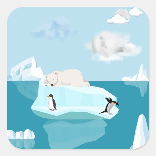 Ein Eisbär, der mit Pinguinen auf einem Aufkleber  (Vorderseite)