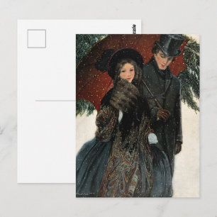 Ein elegant gekleidetes Paar, Regenschirm, Schnee  Postkarte