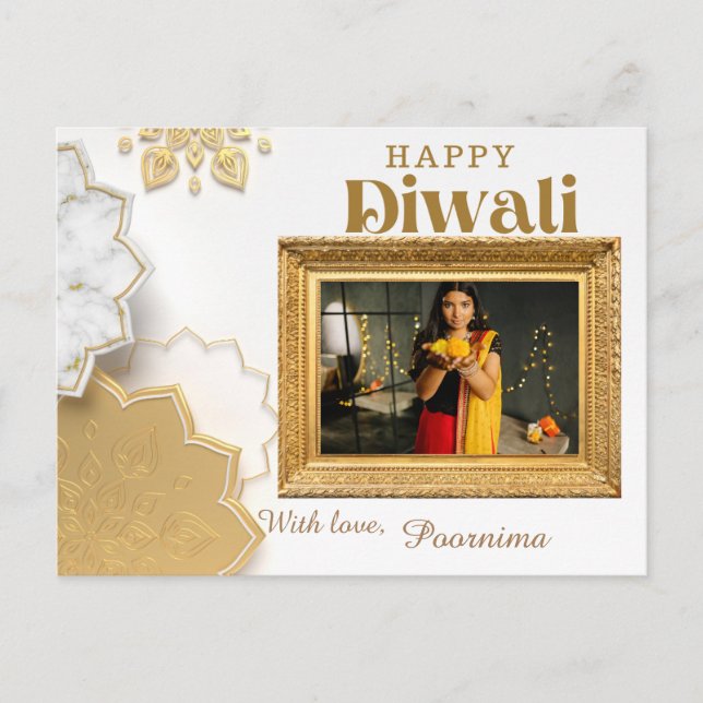 Ein eleganter, weißer und goldener Diwali-Gruß Postkarte (Vorderseite)