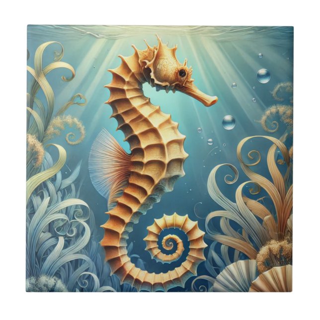 Ein elegantes Seepferd, das unter Wasser schwimmt Fliese (Vorderseite)