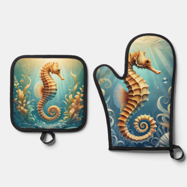Ein elegantes Seepferd, das unter Wasser schwimmt Ofenhandschuh & Topflappen-Set (Vorderseite)