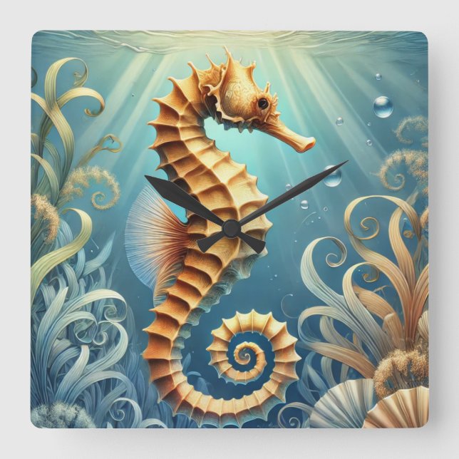 Ein elegantes Seepferd, das unter Wasser schwimmt Quadratische Wanduhr (Vorderseite)