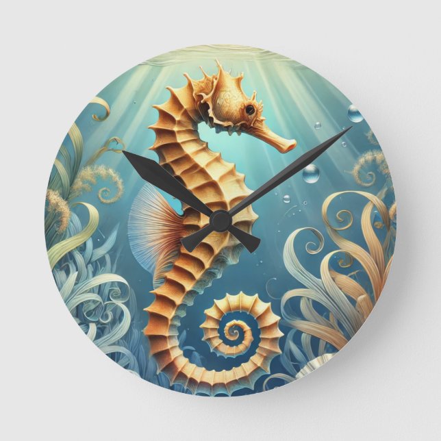 Ein elegantes Seepferd, das unter Wasser schwimmt Runde Wanduhr (Vorderseite)