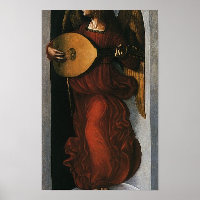 Ein Engel in Rot mit Lute von Leonardo da Vinci Poster (Vorne)