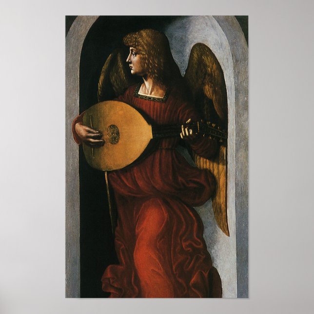Ein Engel in Rot mit Lute von Leonardo da Vinci Poster (Vorne)