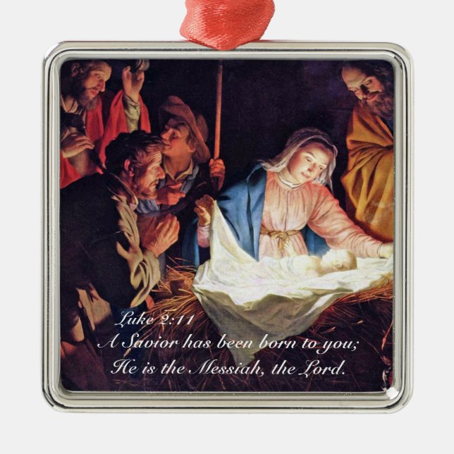 Ein Erretter wurde Geboren Luke 2, Weihnachtskripp Silbernes Ornament (Vorne)