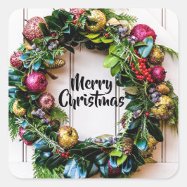 Ein farbenfroher Weihnachtskranz-Aufkleber Quadratischer Aufkleber