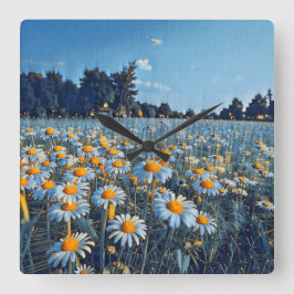 Ein Feld voller blühender Kampomilen Quadratische Wanduhr