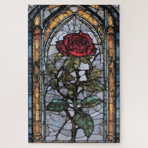 Ein festes Glasfenster mit dunkler Rote Rose Puzzle