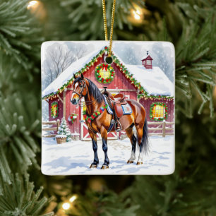 Ein festliches braunes Pferd und ein Wintergarten  Keramikornament