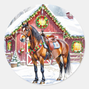 Ein festliches braunes Pferd und ein Wintergarten  Runder Aufkleber