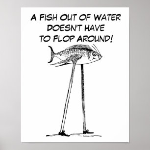 Ein Fisch aus dem Wasser läuft auf Stilts humorvol Poster