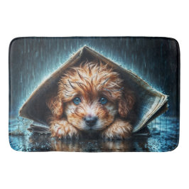 Ein flüssiger, nasser Welpe, der Wärme und Komfort Badematte