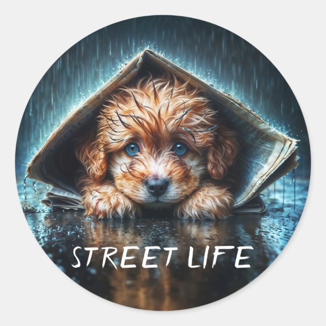 Ein flüssiger, nasser Welpe, der Wärme und Komfort Runder Aufkleber (Vorderseite)