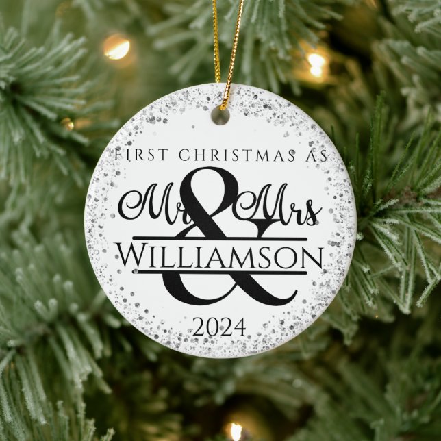 Ein Foto Erste Weihnacht Verheiratet Mr. & Mrs. Gl Keramik Ornament (Baum)