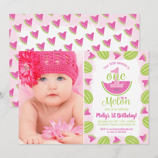 Ein Foto in Melon 1. Geburtstag Einladung (Vorne/Hinten)