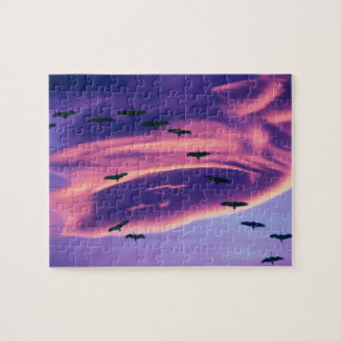 Ein Fotocomposite von Sandhill-Kranichen im Flug Puzzle
