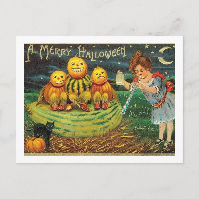 Ein frohes Halloween, Kürbislaternen, Mädchen, Vin Postkarte (Vorderseite)