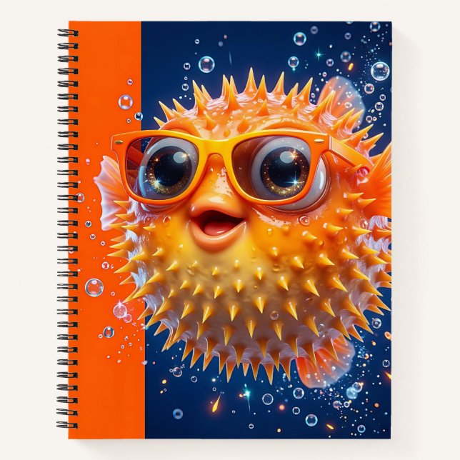 Ein fröhlicher Cartoon-Kugelfisch Orange Notizbuch (Vorderseite)