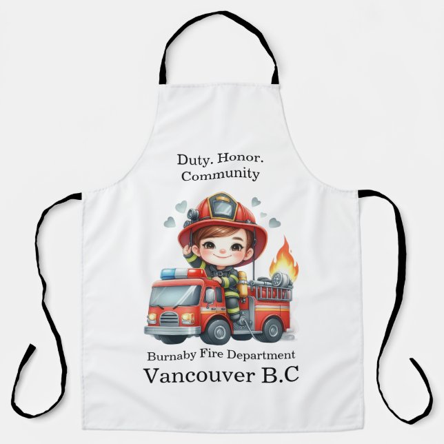 Ein fröhlicher Feuerwehrmann auf einem hellen Last Schürze (Vorderseite)