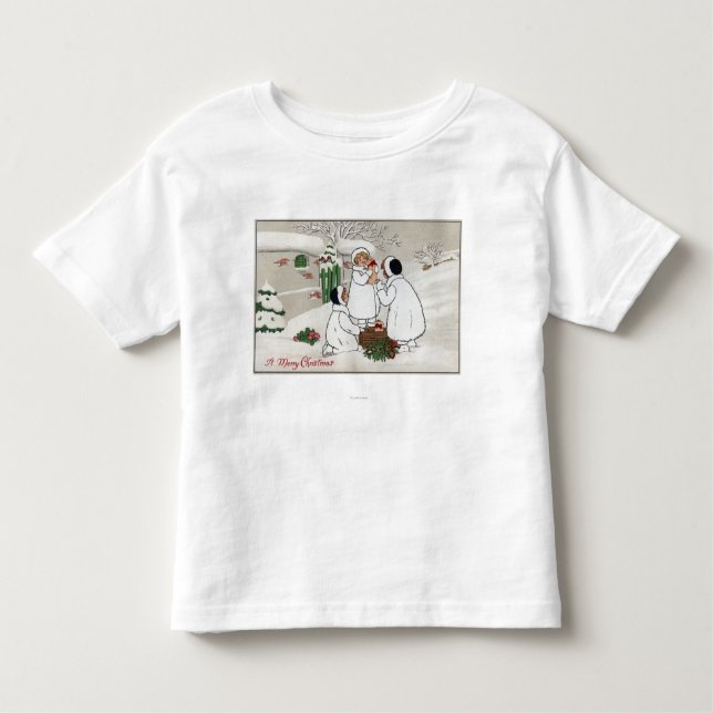 Ein fröhliches ChristmasPeople, das Ferkel hält Kleinkind T-shirt (Vorderseite)