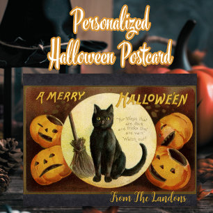 Ein fröhliches Halloween schwarze Katze Custom Vin Postkarte