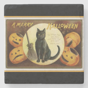 Ein fröhliches Halloween Schwarze Katze und Kürbis Steinuntersetzer