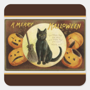Ein fröhliches Halloween-Schwarzes Katze und Kürbi Quadratischer Aufkleber
