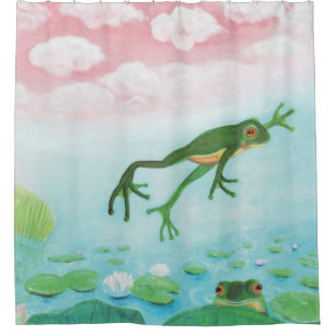 Ein Frosch springt in die Teichillustration Duschvorhang
