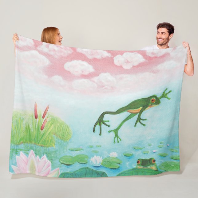 Ein Frosch springt in die Teichillustration Fleecedecke (Beispiel)
