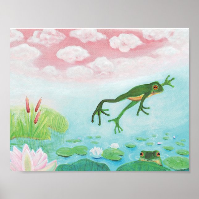 Ein Frosch springt in die Teichillustration Poster (Vorne)