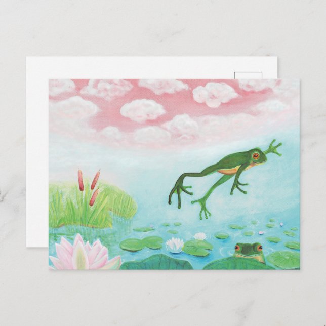 Ein Frosch springt in die Teichillustration Postkarte (Vorne/Hinten)