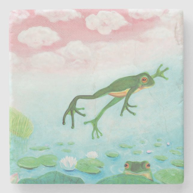Ein Frosch springt in die Teichillustration Steinuntersetzer (Vorderseite)