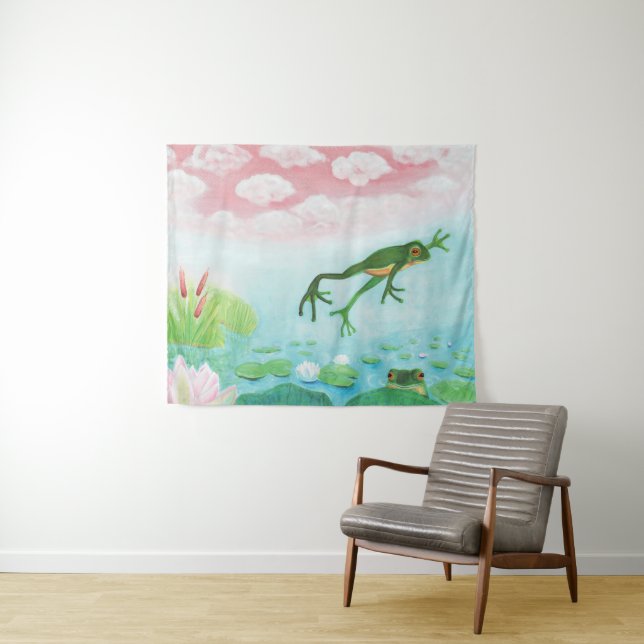 Ein Frosch springt in die Teichillustration Wandteppich (Beispiel (Horizontal))