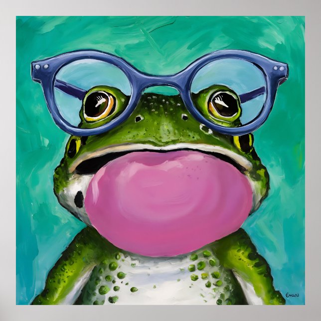 Ein Frosch trägt eine Brille und bläst eine rosa B Poster (Vorne)