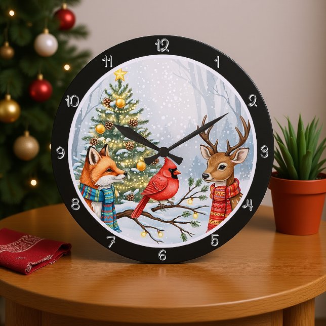 Ein Fuchs, Hirsch und Kardinal Weihnachten Große Wanduhr (Von Creator hochgeladen)