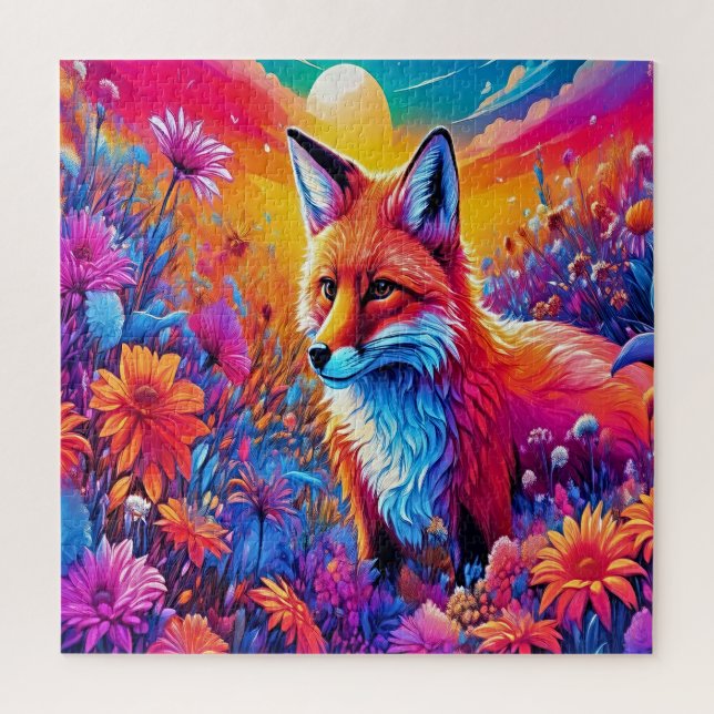 Ein Fuchs in einem farbenfrohen Feld von Blume. Puzzle (Vertikal)