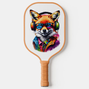 Ein Fuchs in Kopfhörern und Brillen Pickleball Schläger