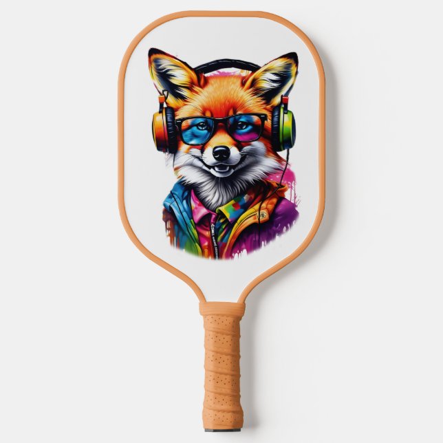 Ein Fuchs in Kopfhörern und Brillen Pickleball Schläger (Vorderseite)