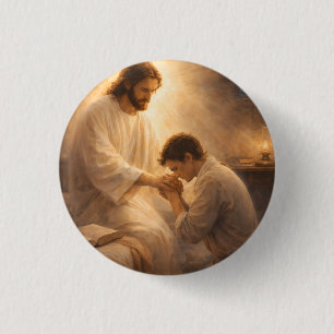 Ein Gebet auf Knien mit Jesus Button