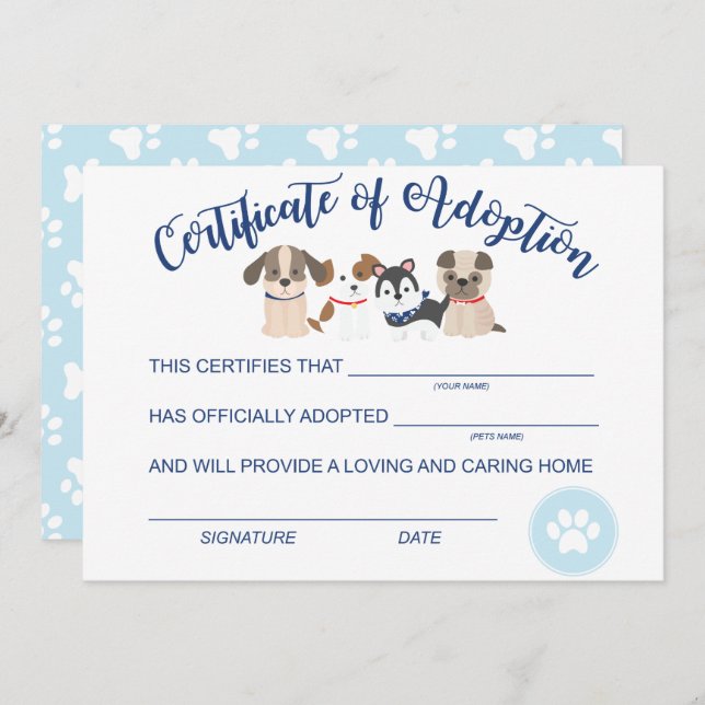 Ein Geburtsurkunde von Welpen adoptieren Nicht Ado Mitteilungskarte (Vorne/Hinten)