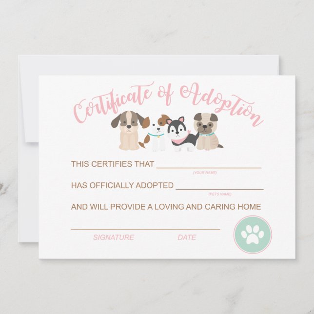 Ein Geburtsurkunde von Welpen adoptiert Adoption Mitteilungskarte (Vorderseite)