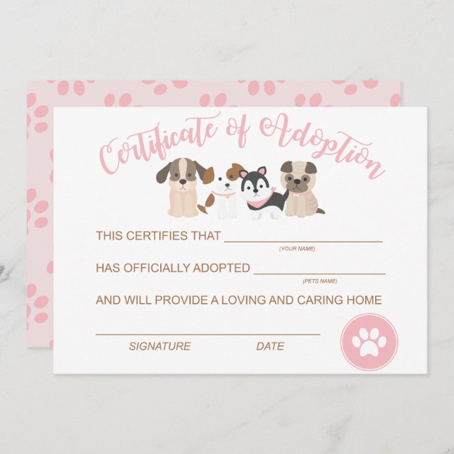 Ein Geburtsurkunde von Welpen adoptiert Adoption Mitteilungskarte (Vorne/Hinten)